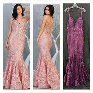 May Queen - RQ7865 Lace Appliqued V-Neck Trumpet Dress